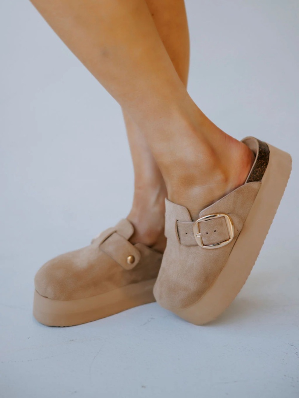 Beige Suede Platform Clog Mule with Gold Buckle